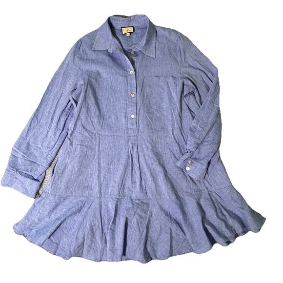 TUCKERNUCK CHAMBRAY RUFFLE PEARL BUTTON DRESS SZ L 100% COTTON EUC - Picture 1 of 6